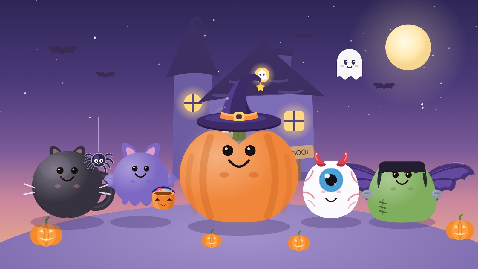 Gourdy in a witch hat in front of the Haunted House with Jinx, Batrick, Blink and Bolt in costumes